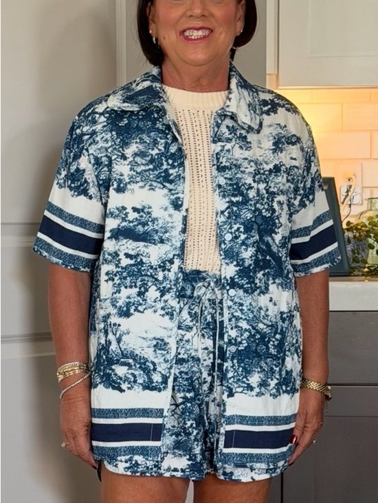 Commense Tops - Blue Toile Print Short Sleeve Shirt - Women's Blue Toile Top & Shorts- NWT